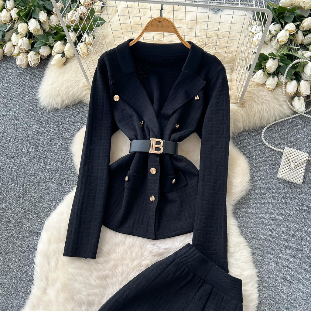 Herbst Winter Damen Vintage Designer Strickpullover Hose Zweiteiliges Set Blazerkragen Jacke Mantel und Weitbeinige Hose Trainingsanzug