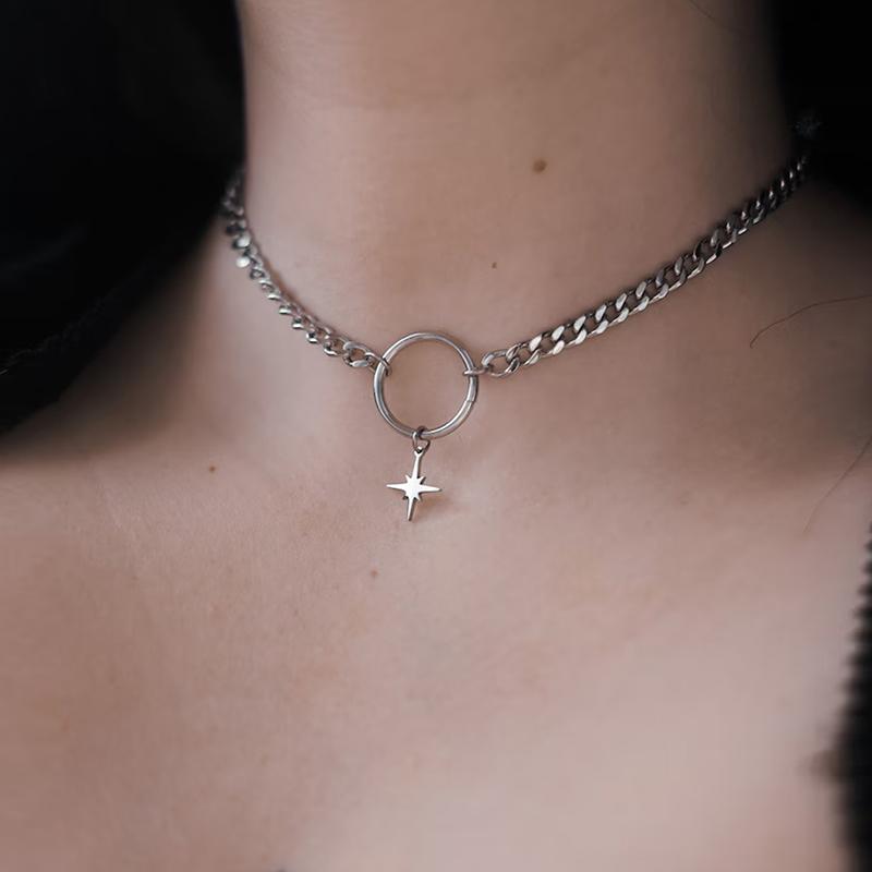 Gothic Punk Silver Color Star O Ring Choker Necklace Stainless Steel Cuban Chain Necklaces For Women