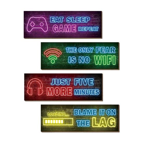 1/4Pcs Neon Light Effect Wall Decoration Wooden Game Theme Wall Art Sign Home Bedroom Gaming Room Cyberpunk Hanging Ornament
