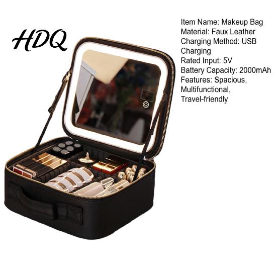 Makeup Bag with LED Mirror USB Charging Case Rechargeable Adjustable Dividers Travel Cosmetic Light-up 3 Color Lights