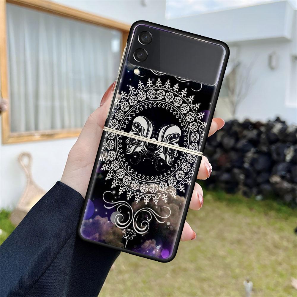 Luxury Case For Samsung Galaxy Z Flip 4 3 5G Black PC Hard Phone Cases Fashion Back Cover ZFlip Funda Mandala 12 Constellations