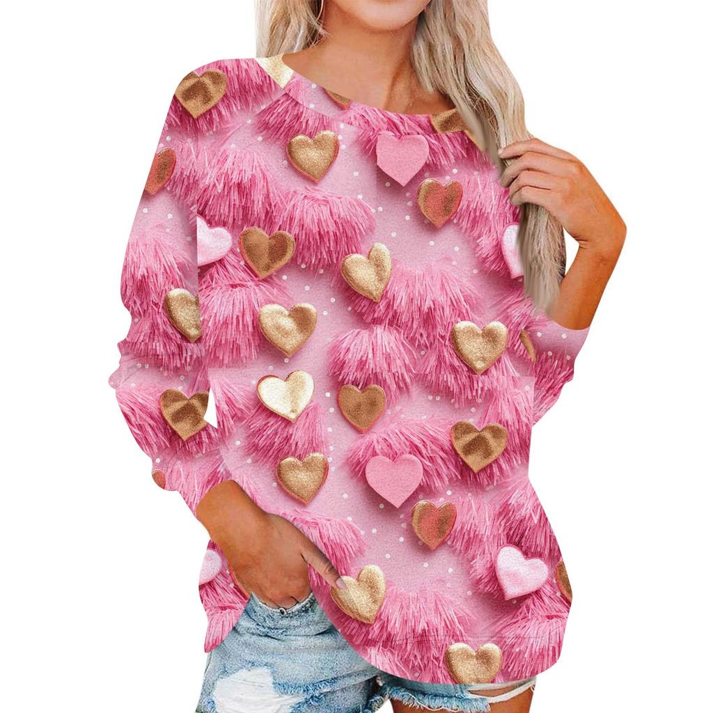 Women's Fashionable Round Neck Shoulder Long Sleeved Valentine's Day Printed Casual Pullover Top