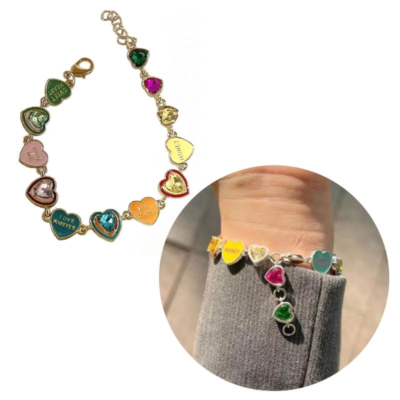 Bunte Strasssteine Liebesherz Armbänder Mode Armreif Trendige Y2k Ästhetik Handgelenk Schmuck Geschenk für Frauen Mädchen
