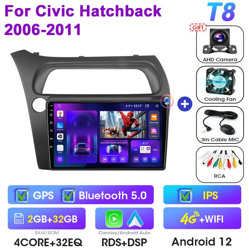 2 Din Android 12 Car Radio For Honda Civic Hatchback 2006-2011 Multimedia Video Player GPS 4G Carplay Auto Stereo RDS Head Unit