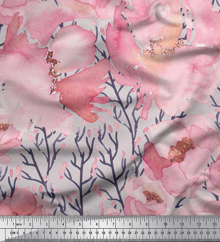 Soimoi Japan Crepe Satin Fabric Peony Watercolor Printed Craft Fabric by the metre 42 Inch