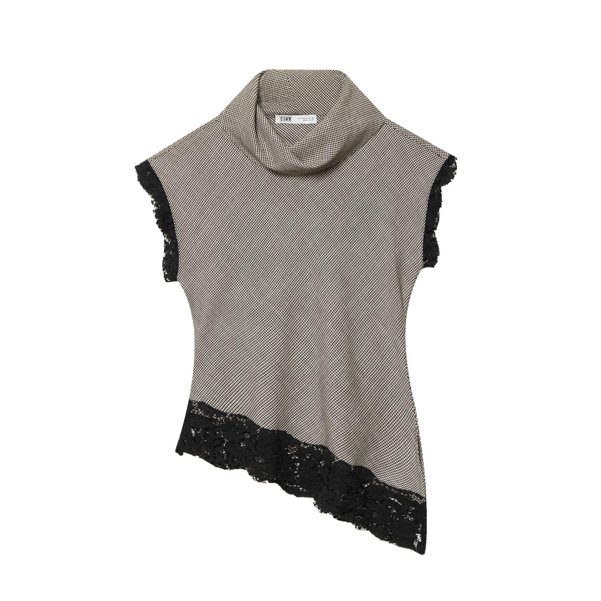 

European Style Women s Houndstooth Lace Trim Stand Collar Sleeveless Pullover Top Medium як показано кольору