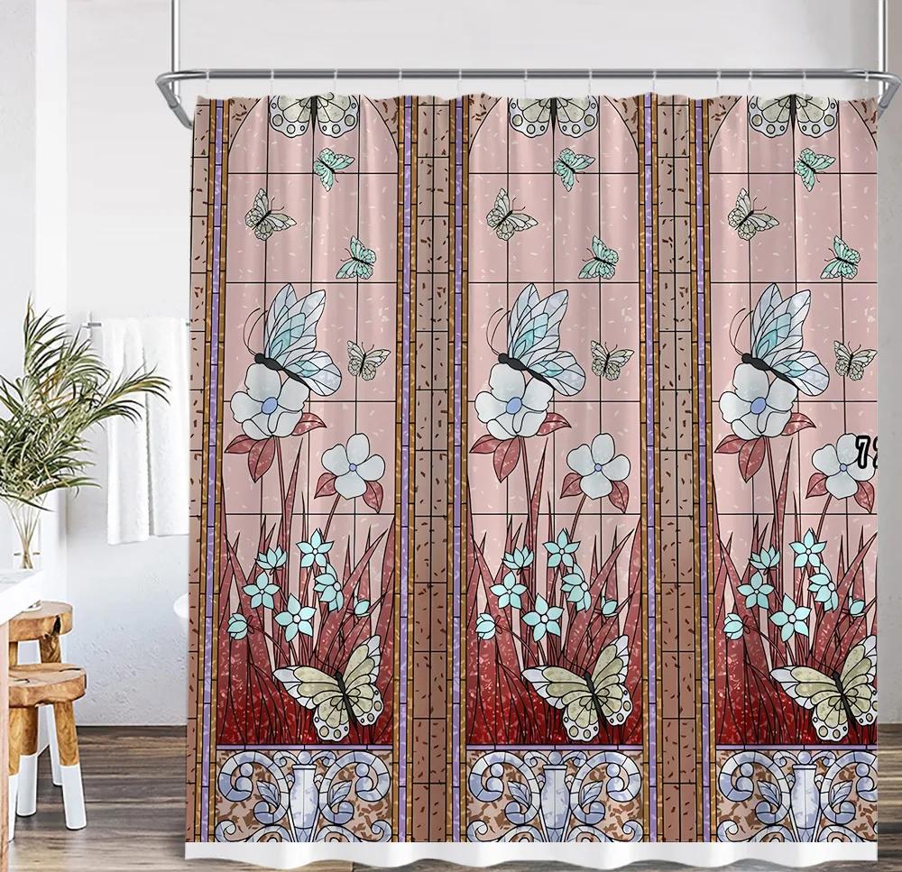 Stained Glass Garden Shower Curtain Butterfly Flowers Church Colored Painting Glass Wall Art Bath Curtain Aesthetic Bath Curta