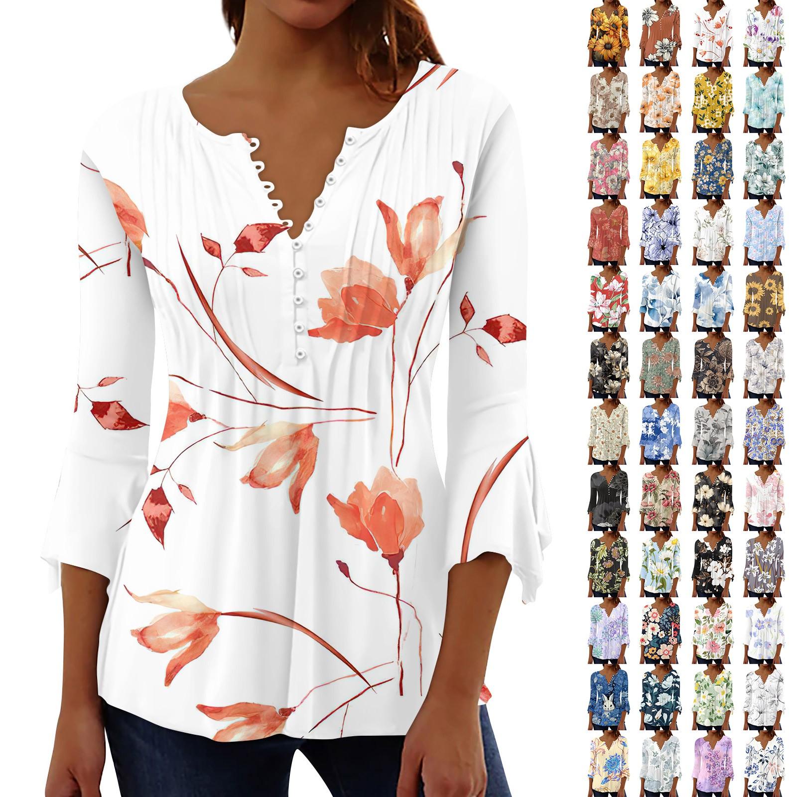 

Женская повседневная рубашка на пуговицах с цветочным принтом и рукавом 3/4 с v-образным вырезом L бежевый