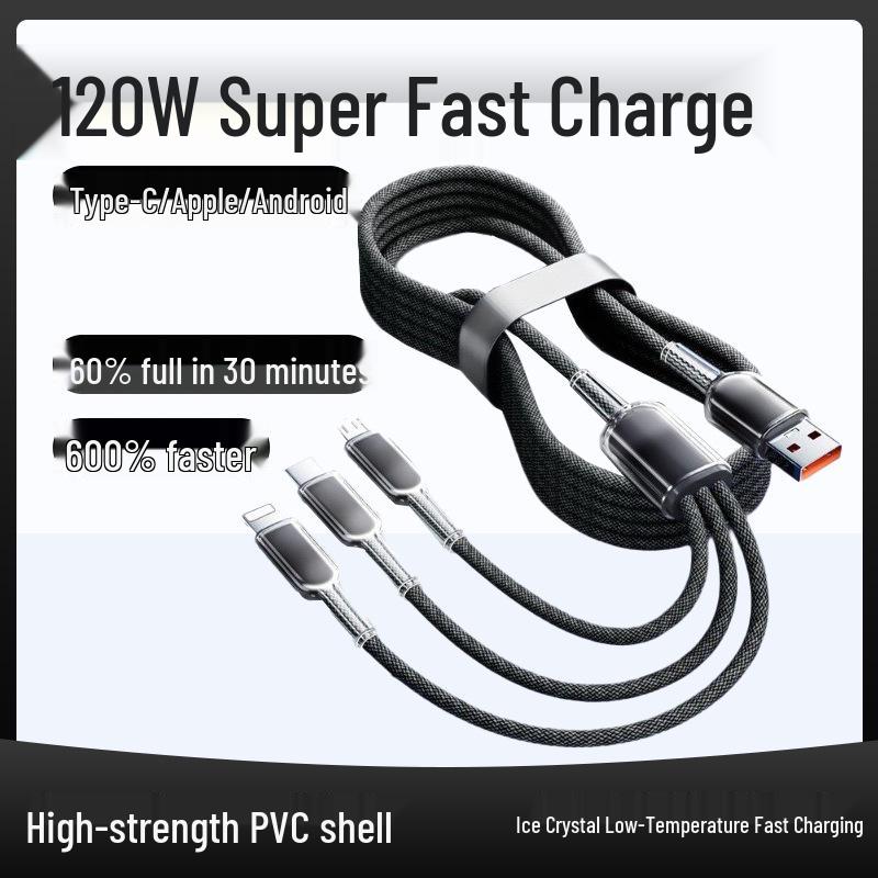 Ice Crystal 120W Tri-Head Fast Charging Cable for Apple, Android, Huawei
