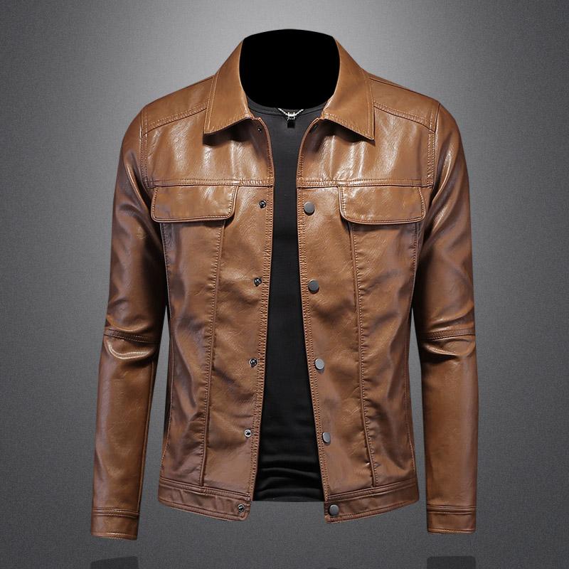 Herbst und Winter Herrenmode Gutaussehend mit einfarbigem Boutique-Revers Motorrad-Lederjacke Schlank Mode M-5XL