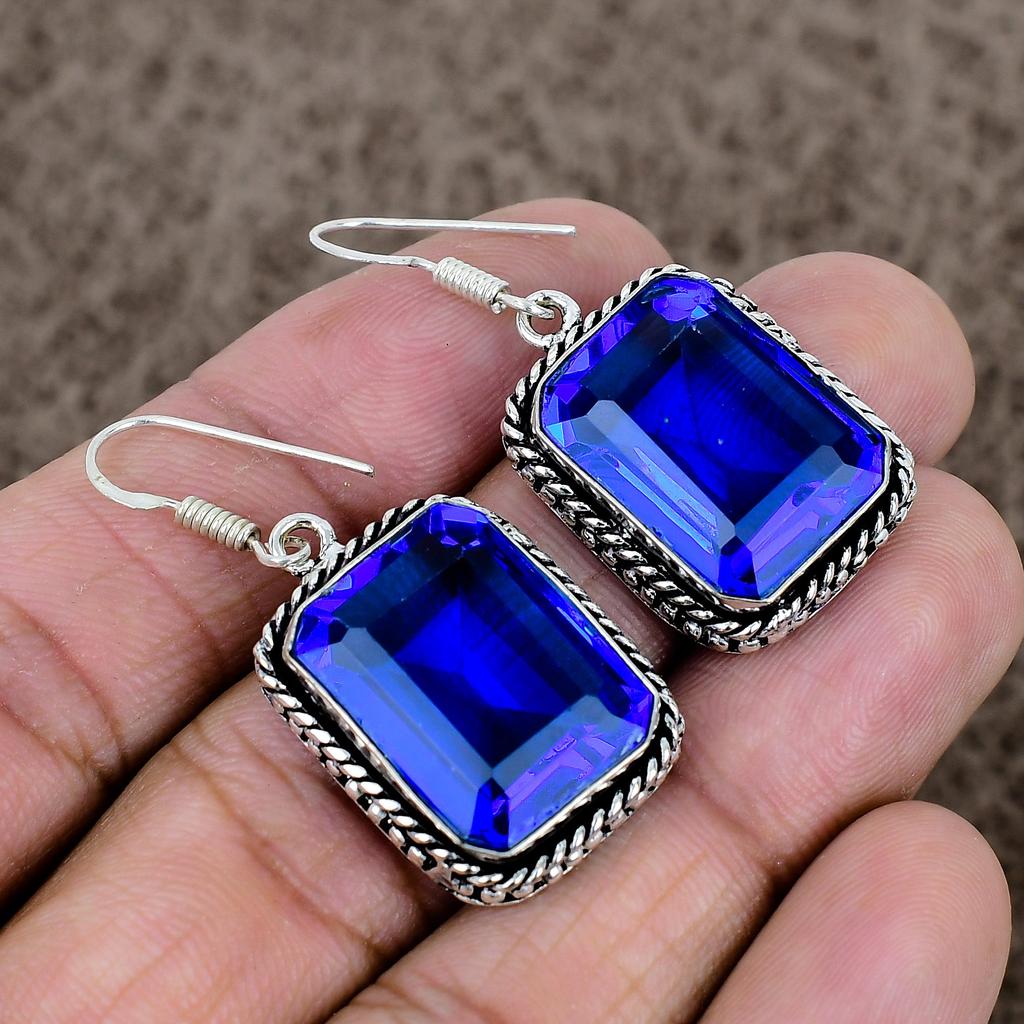 Blue Topaz Gemstone Handmade 925 Sterling Silver Jewelry Earring 1.77" KKG-992