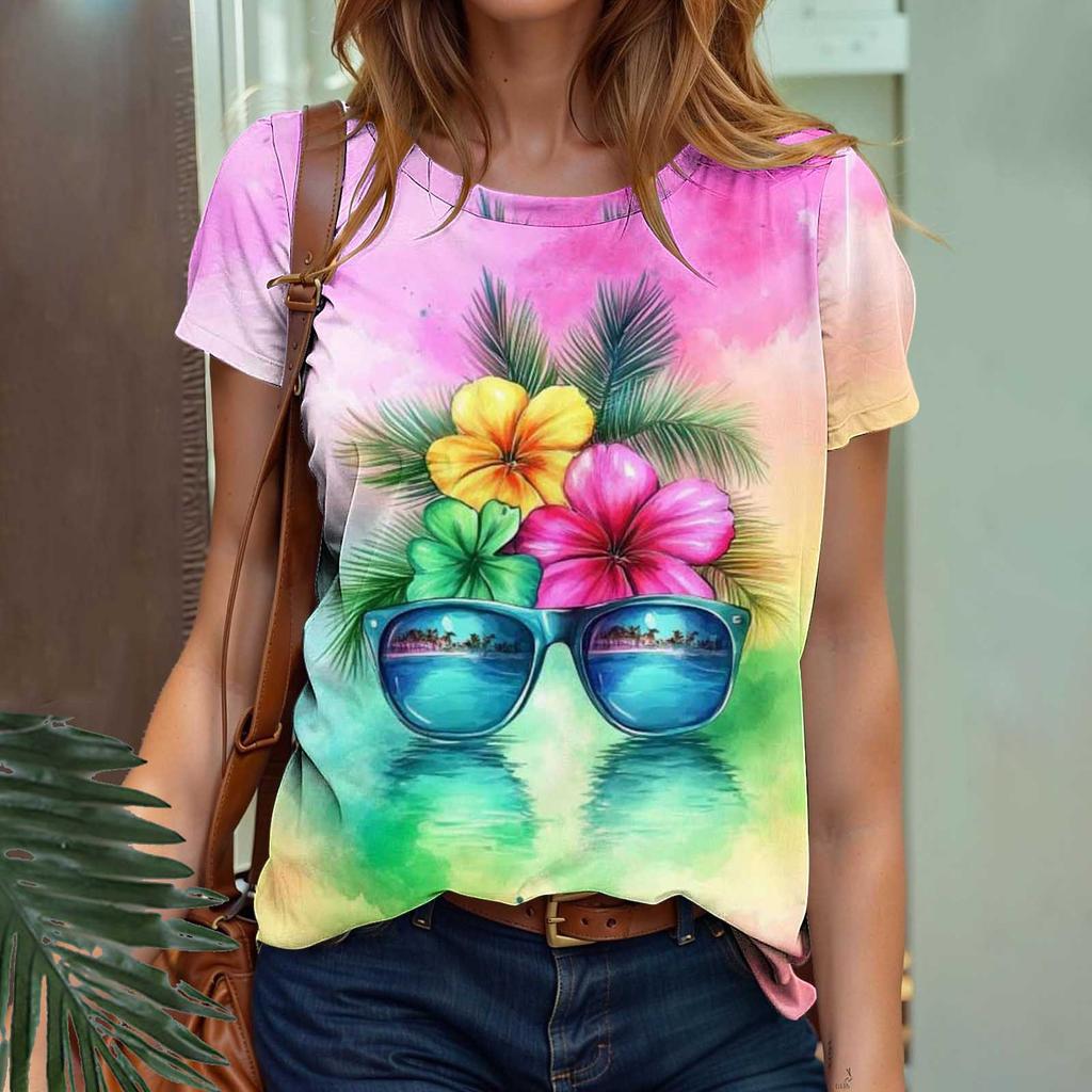 Summer Fruit Coconut Tree Gradient 3D Print Beach T-Shirts Short Sleeve O-Neck Women's T-shirts