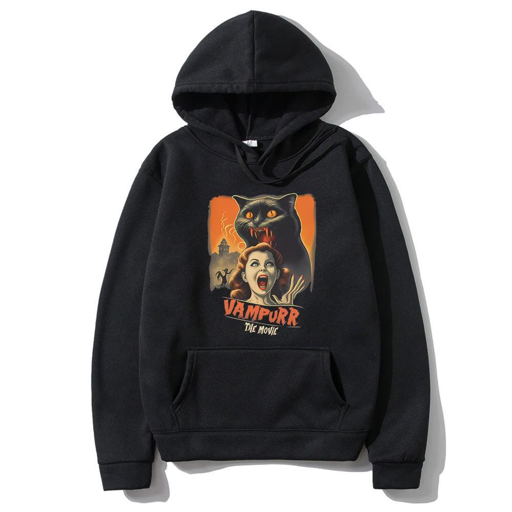 Movie vampire cat graphic hoodie, terrifying Halloween print pattern hoodie, men's retro top, street Harajuku funny clothing
