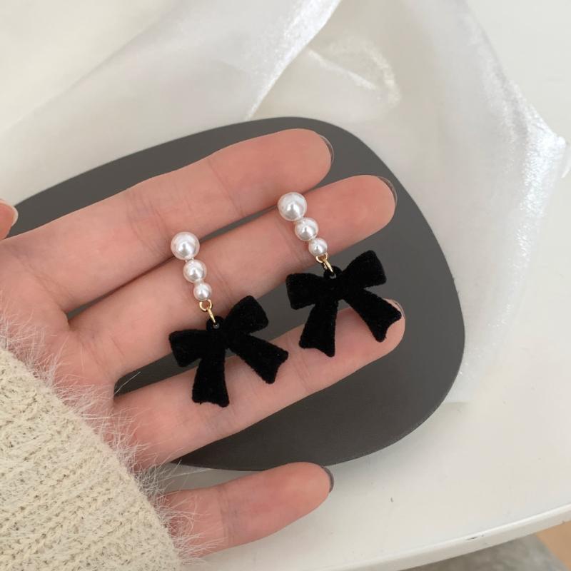 

Korean Fashion Simple Bow Imitation Pearl Pendant Earrings, Ladies Elegant Temperament Daily Party Zircon Gifts