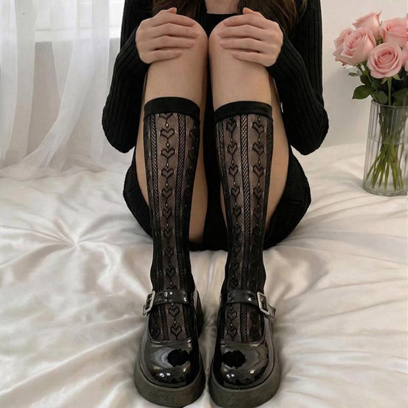 Lace Stockings Openwork Heart Jacquard White Calf Socks Students Thin Mid-Calf Socks