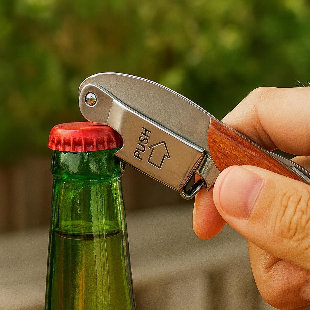 1PC Professional Waiter’s Corkscrew Double-Hinged Wine Opener with Wooden Handle & Leather Case, Durable Stainless Steel Wine Key