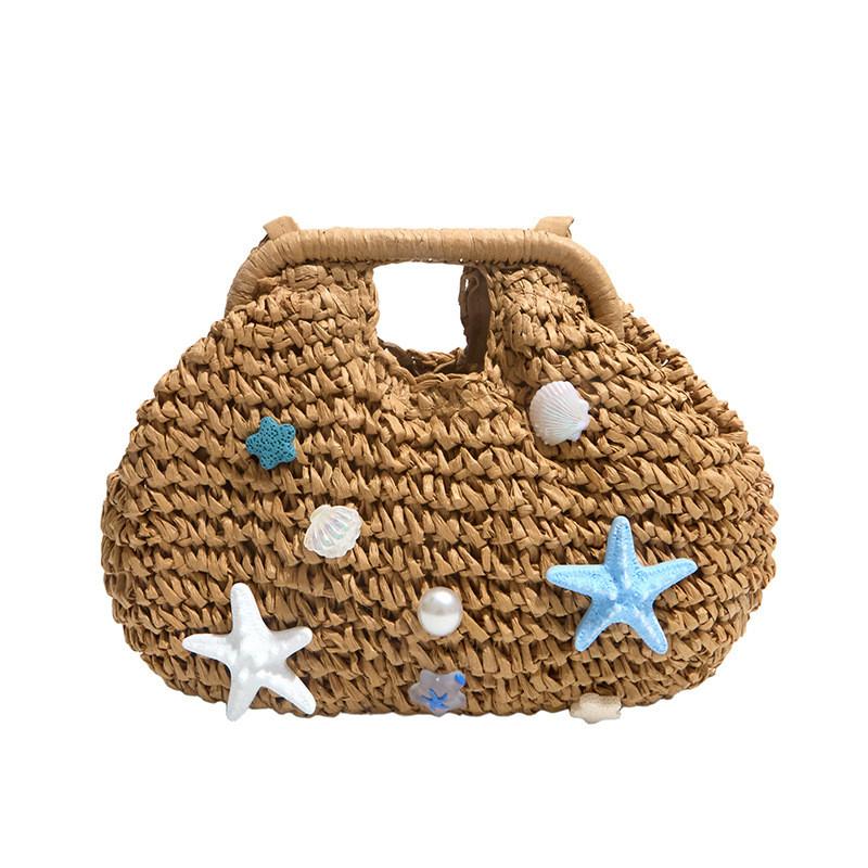 Beach Vacation Straw Bag With Shell Shape And Chain Strap For Summer Resort Wear