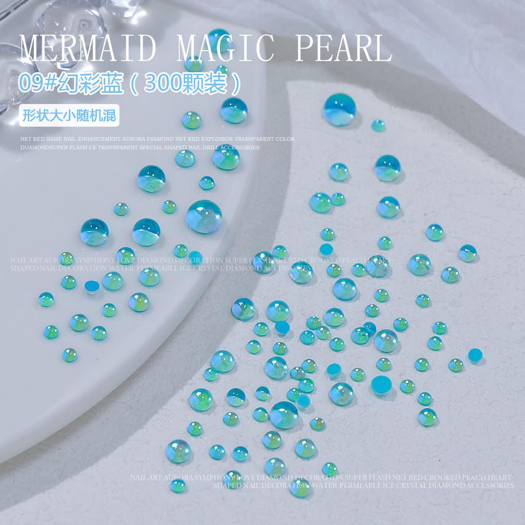 300pcs 3D Magic Colorful Mermaid Round Glass Aurora Translucent Crystal Beads Nail Charms Nail Art Decoration Accessories Tips