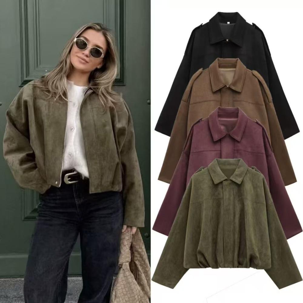 Damen Bomberjacke Frühling Herbst, Fledermausärmel Samtmantel, Lässige Reißverschluss Lockere Oberbekleidung