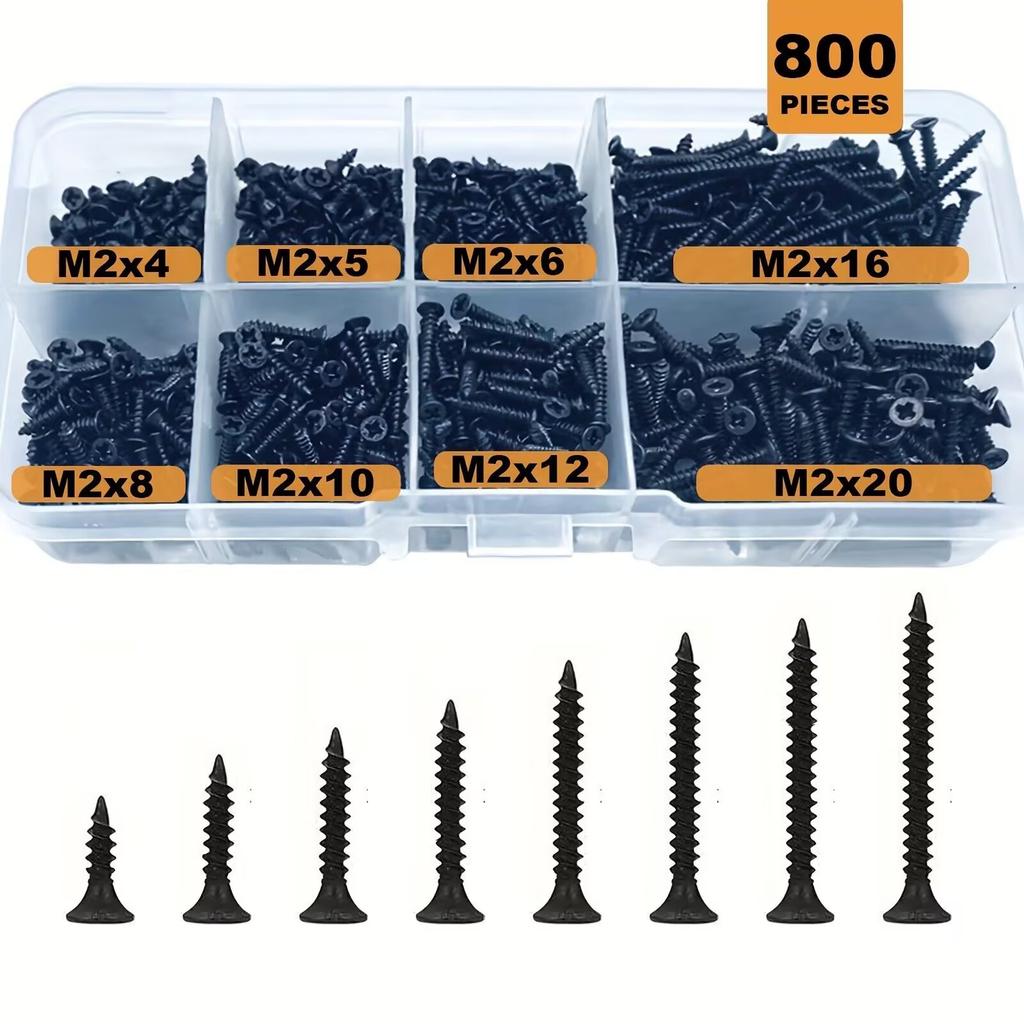 800Pcs M2 Black Flat Head Cross Carbon Steel Self-Tapping Screws for Home DIY Electronics Furniture Metal Wood Repair