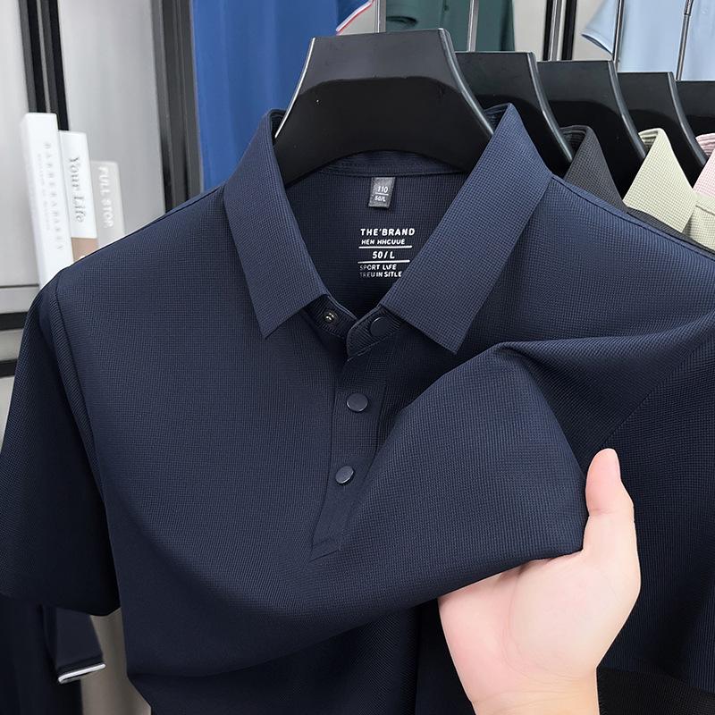

Men s 2026 Summer Ice Silk Waffle Knit Polo Shirt - Short Sleeve Casual Lapel Design XL темно-блакитний колір