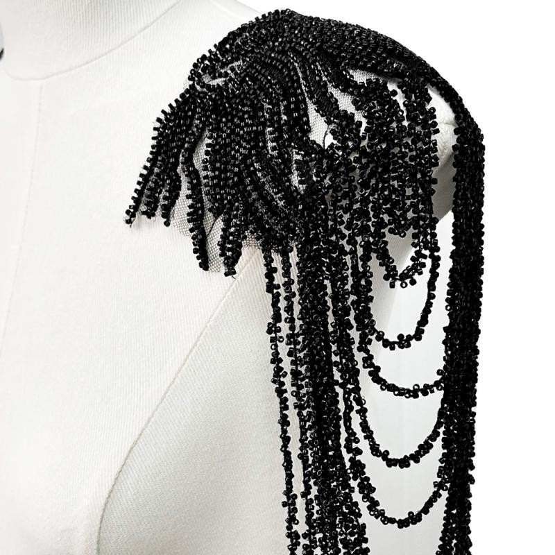 Pair Of Glittering Sequins And Beads Fringe Trim For Shoulder Embellishment Comfortable Wear In Event Craft Decoration