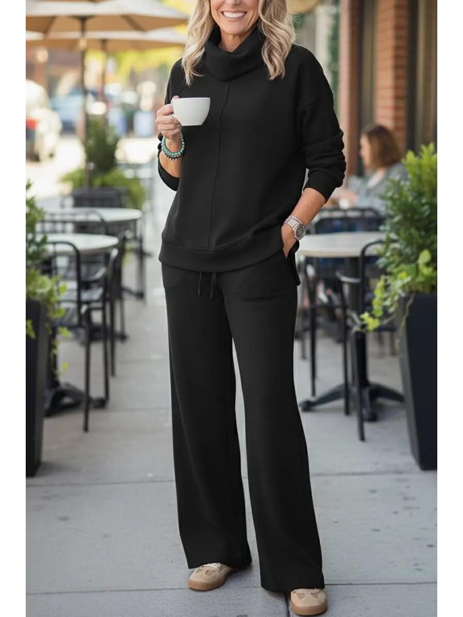 

2026 Autumn Women s High Neck Top & Wide-Leg Pants Set - Casual, Versatile, Thickened Air Layer XL чёрный