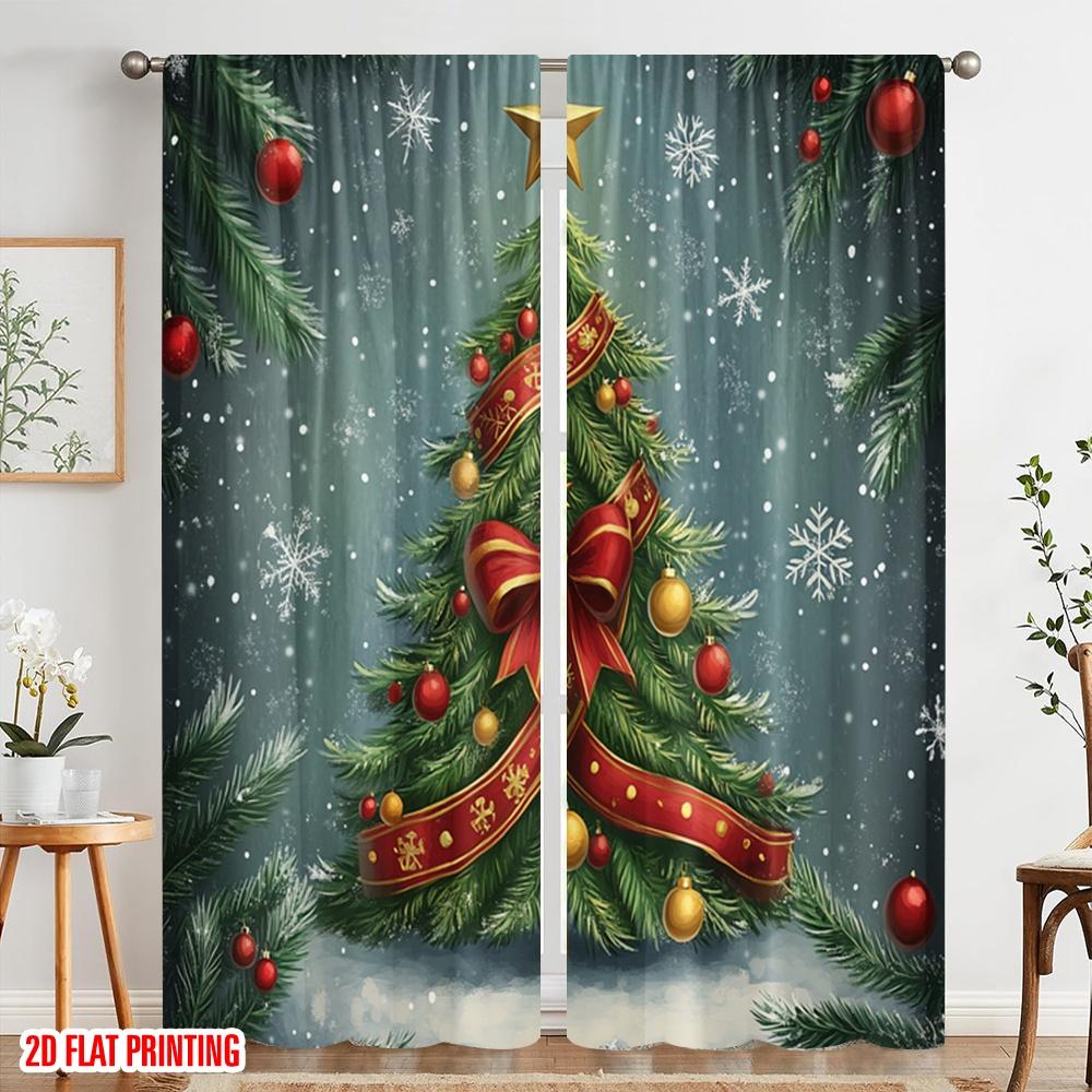 2pcs,2D Plane Printing Contemporary Curtains Christmas Tree Snow Ornaments_a Versatile Polyester Fabric (without Rod) Room Decor