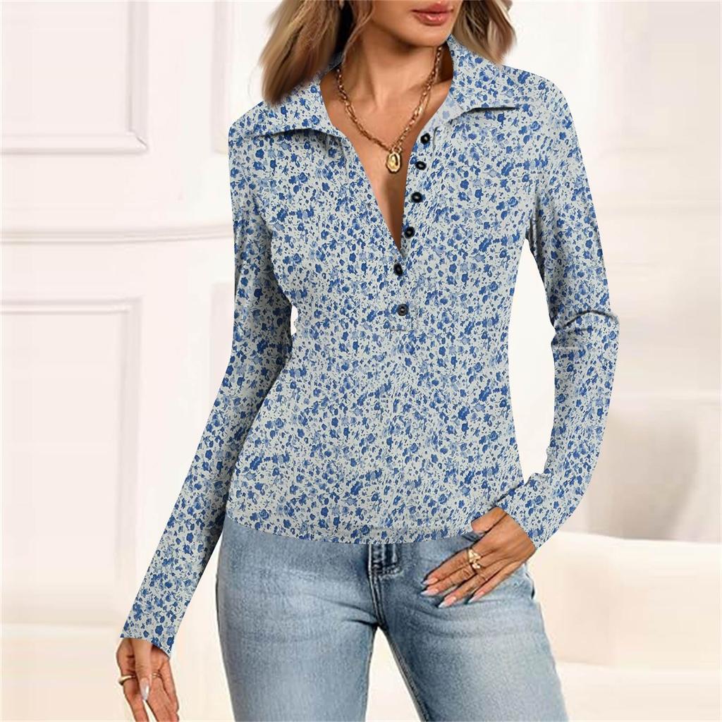 Women's Fashion Casual Printed V-Neck Long Sleeve Button-Down Top