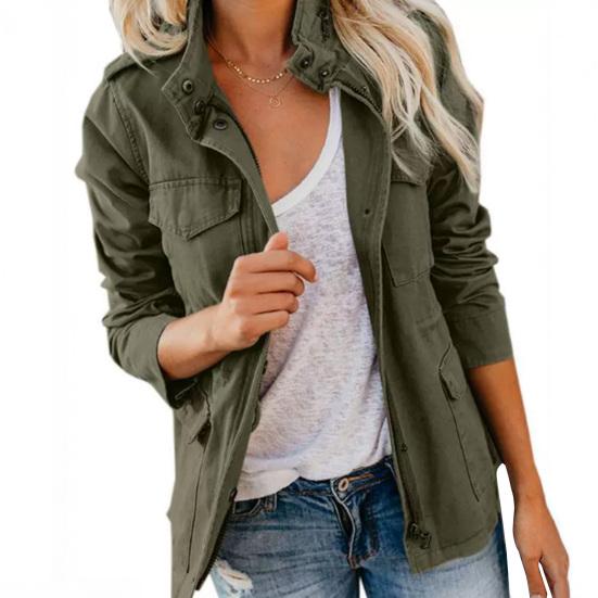 

Жіноча тонка бавовняна куртка на блискавці та кнопках, з коміром-стійкою, утилітарне пальто, осіннє повсякденне, з довгими рукавами, верхній одяг з кишенями 2XL армія зелений колір