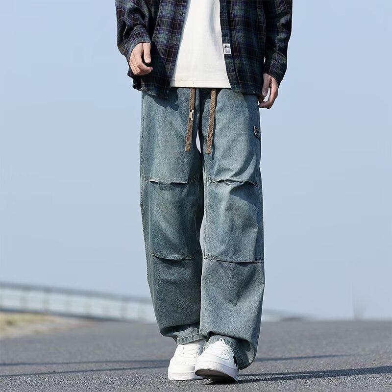 Men's Cargo Jeans Spring Summer Wide Leg Denim Pants Straight Baggy Jeans Asian Size