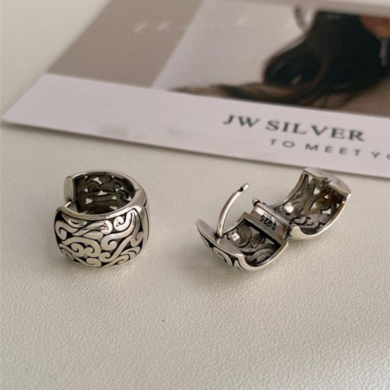 925 Silver Branch Earrings For Women Vintage Texture Hollowing Out Wide Jewelry Birthday Gift