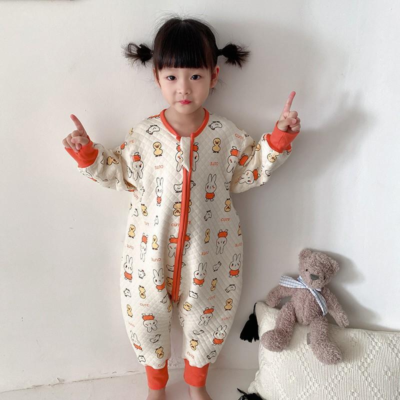 Kids Cotton Sleepsuit With Leg Separation Warm Winter Pajamas Anti-Bacterial Unisex Toddler Sleepwear