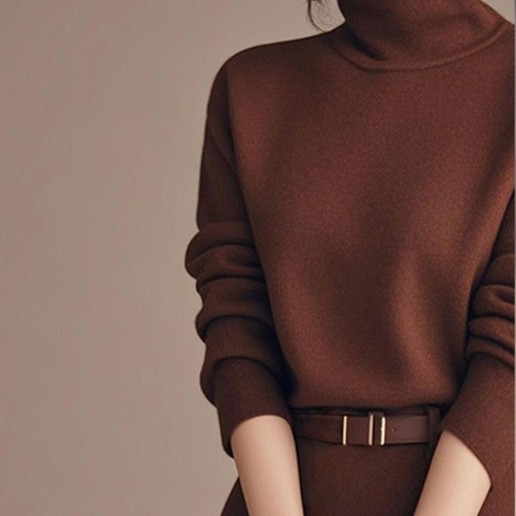 2025 Coffee Turtleneck Knit Dress: Mid-Length, Elegant Autumn/Winter Fashion.