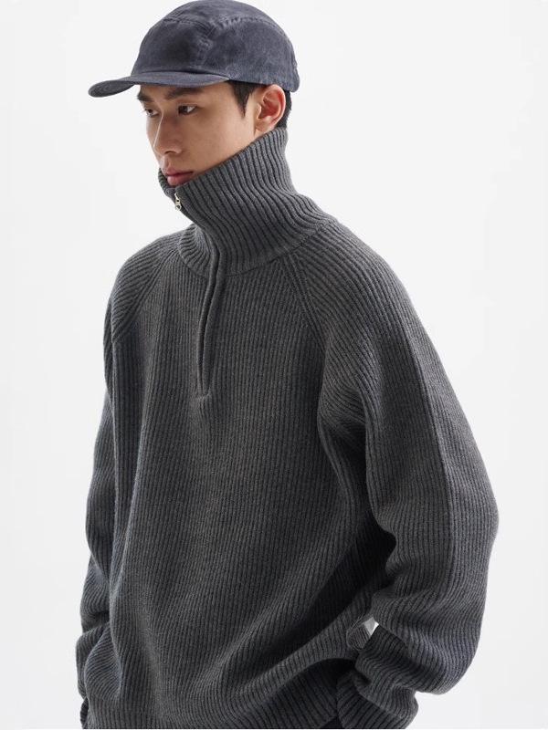 Men's High-Neck Half-Zip Thick Knit Sweater, Retro Loose-Fit Pullover for Autumn/Winter
