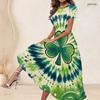 Women Plus Size Round Neck Short Sleeve Clover Printed Dark Green A Line Long Dress