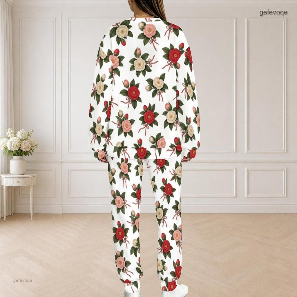 Women Plus Size White Floral Printed Round Neck Long Sleeve Top And Pants Set