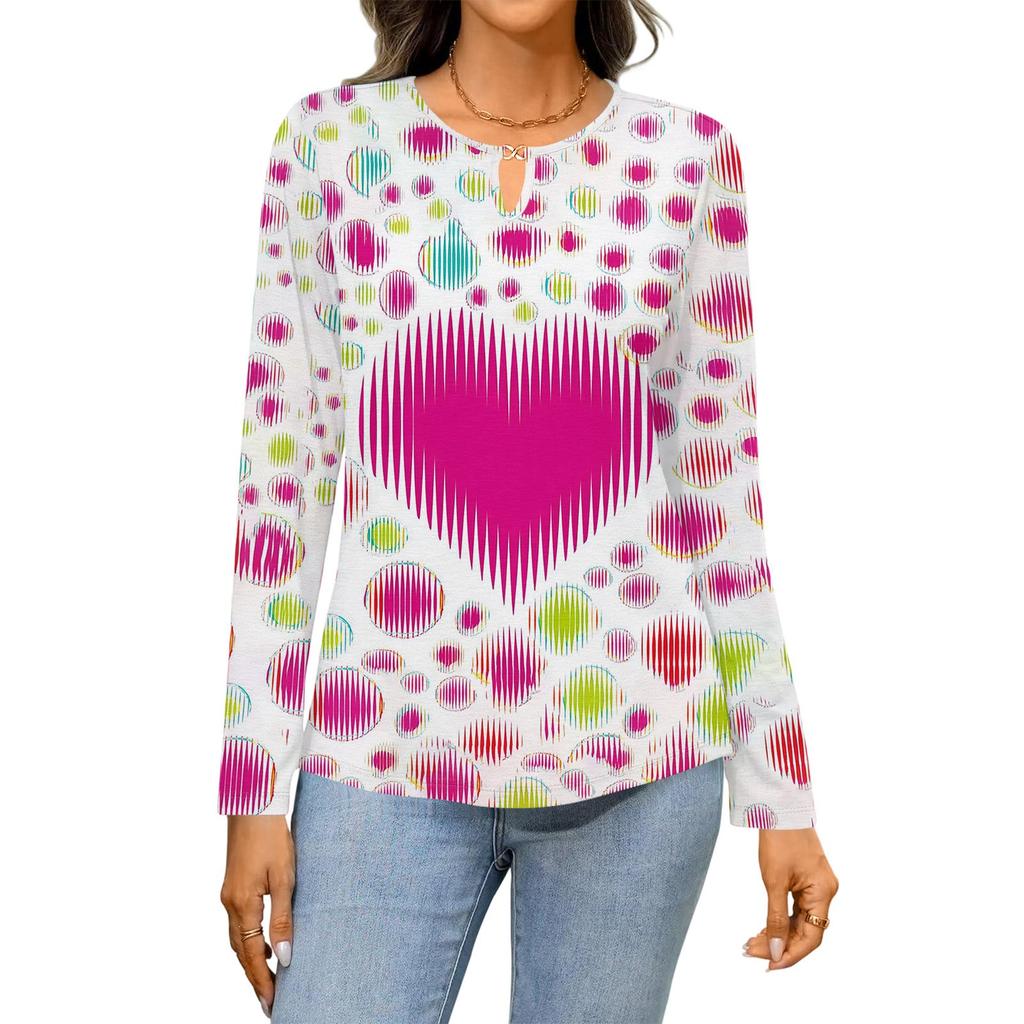 Women's Casual Round Neck Hollow,out Pullover Long Sleeve Valentine's Day Heart Print T,shirt Top