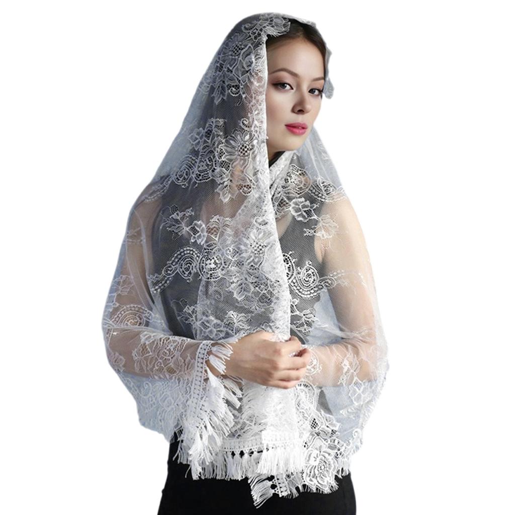 Elegant Spanish Lace Mantilla Veil for Catholic Church Vintage Latin Mass Head Covering Fringed Flower Veil Headscarf