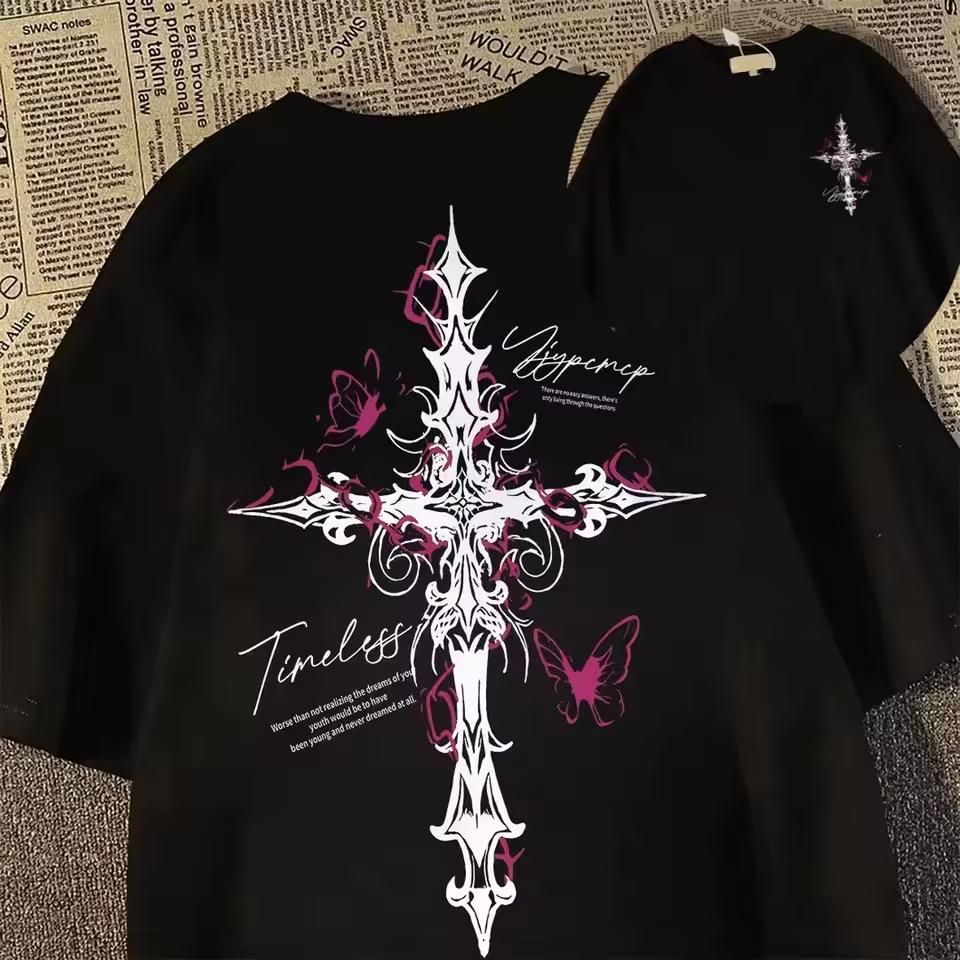 Gothic Cross Butterfly T-shirt Y2k Punk Grunge Print Men Women Oversized Harajuku Streetwear Casual Cotton Short Sleeve Tees