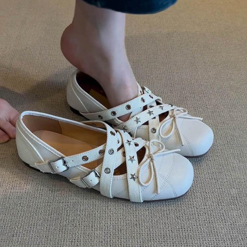 Cross Strap Frosted Leather Bow Mary Jane Shoes Women's Vintage Flat Sports Ballet Single Shoes