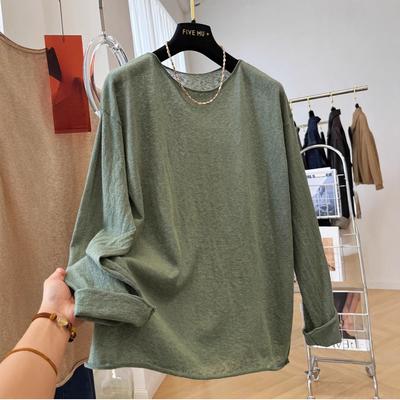 New Spring and Autumn Collection of Niche and Laid-back Style Long-sleeved Solid-color T-shirts, Loose Round-neck Plus-size Tops