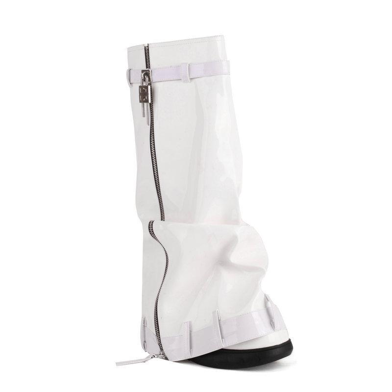 New Women's Tall Boots Patent Leather Thick-soled Round Head Large Size Boots Belt Buckle Wedge Trousers
