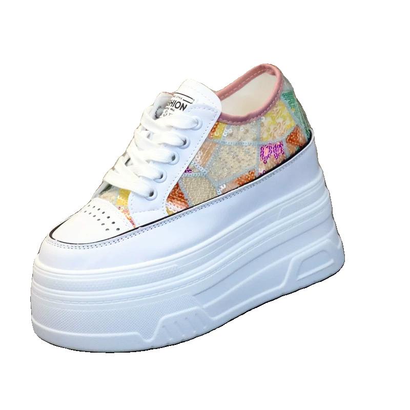 Fashion 12CM Air Mesh Denim Genuine Leather Synthetic Loafer Vulcanize Chunky Sneaker Mixed Color Women Summer Moccasins Shoes