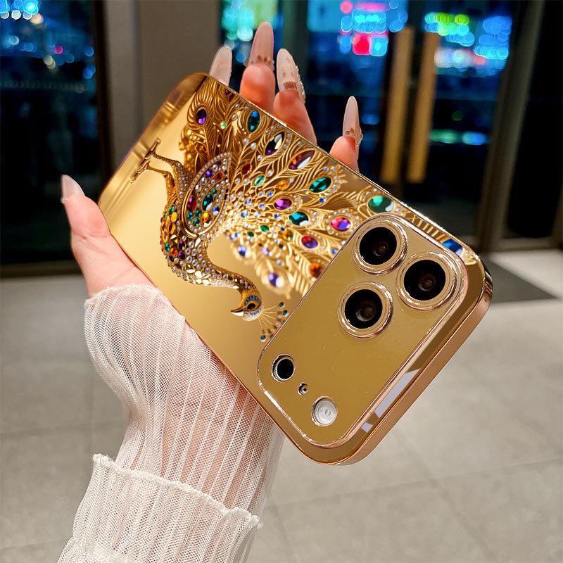 Jeweled Peacock Electroplated Golden Phone Case For iPhone 17Air 17 16 15 14 13 12 11 Pro Max Plus 16E XR 7 8 Xs X Glass Cover