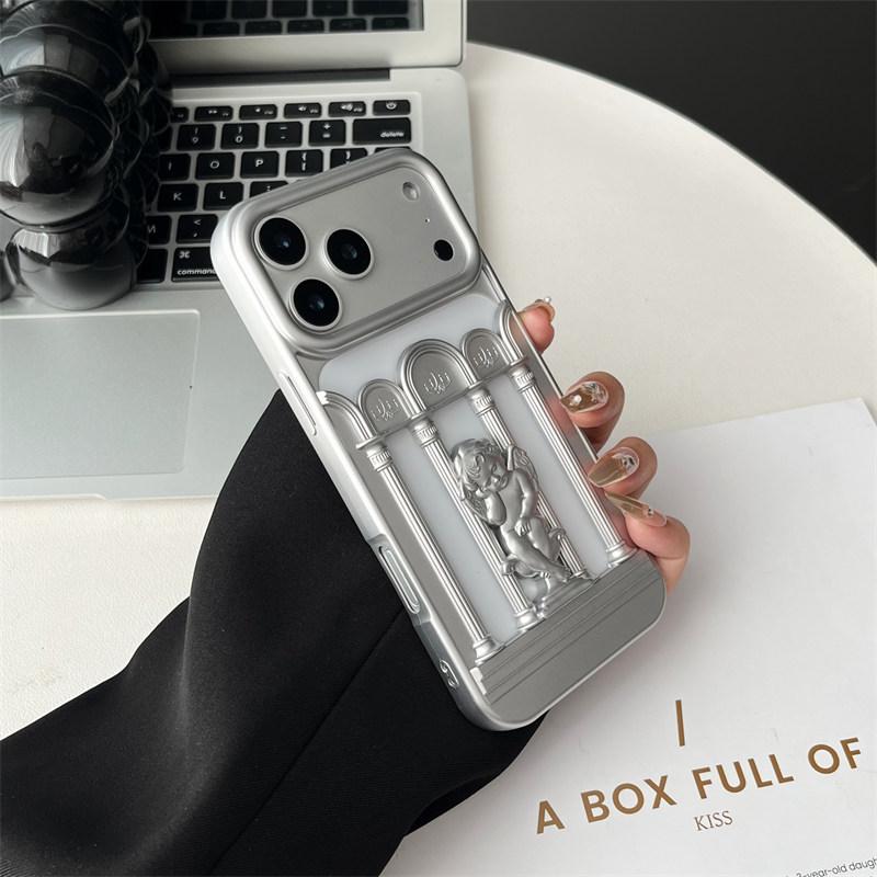 Luxury Angels Matte Shockproof Case for iPhone 17 Air 16 15 14 13 12 Pro Max Hollow Roman Column Little Angel Frosted Cover