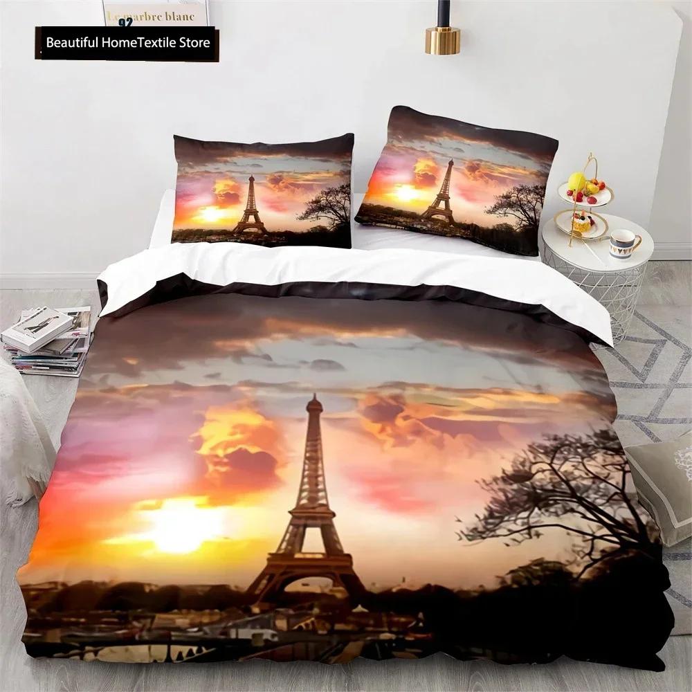 Comforter Luxury New 3D Print Eiffel Tower Lake Colourful Cloud Beautiful Landscape Bedding Set King Size Comforter