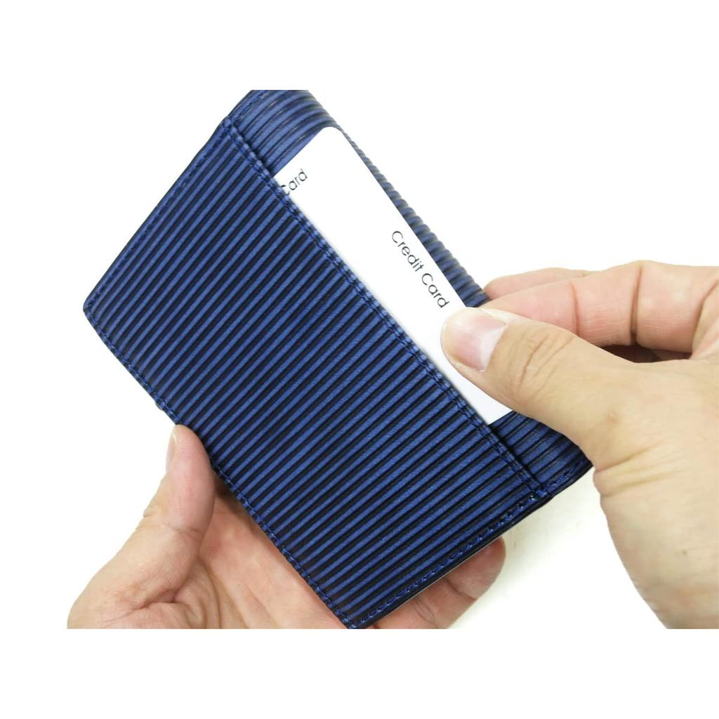 Baggy Port Half Wallet, Indigo-Dyed Leather with Straight Embossed Pattern, Men's and Women's Unisex Bifold Wallet ZYS-296 (Dark Blue)