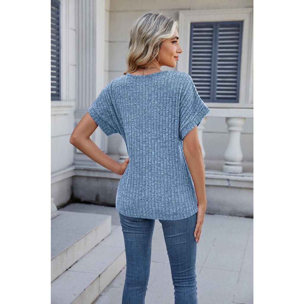 GMXIA Spring Women's Loose Casual Solid Color V-neck T-shirt Short Sleeve