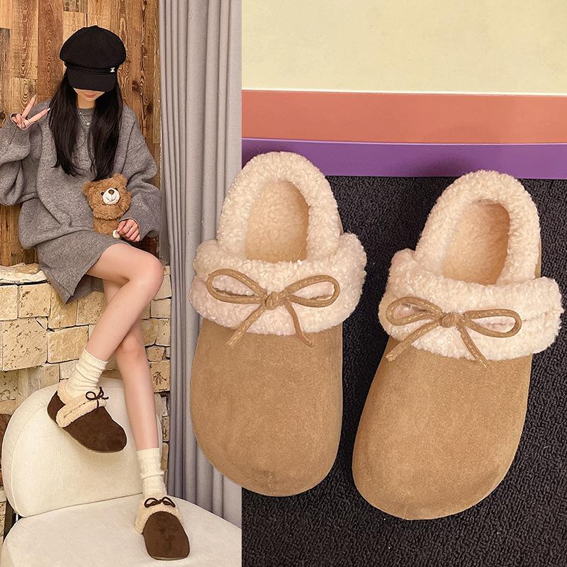 Women's Lightweight Comfortable Non-slip Heightening Winter Warm Plush Lining Non-slip Wearable Casual Stirrup Foot Cotton Slippers